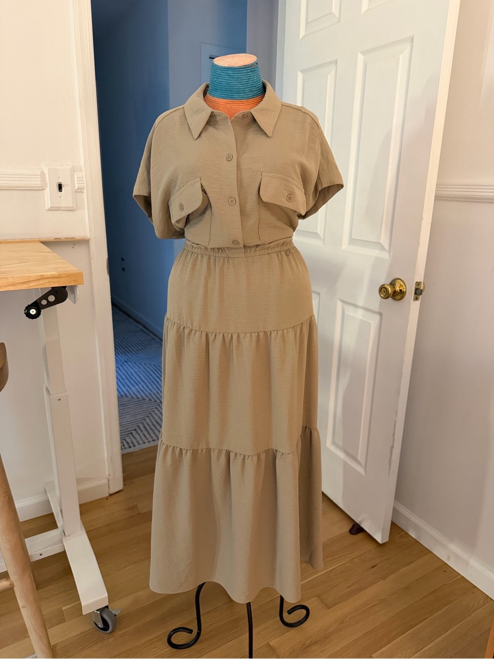 DKNY Khaki Tiered Maxi Skirt